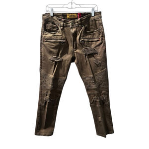 Makobi Denim Biker Distressed Jeans Size 34x32 Olive Green Men's M1926 Moto Slim